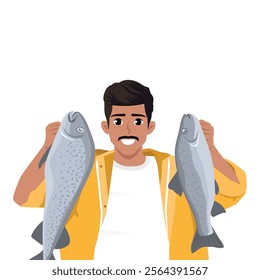 Fisherman hold big fish proud of good haul or hunt. Flat Vector character illustration