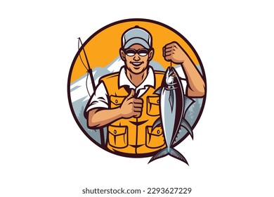 Fisherman Hold Fish mascot logo cartoon illustration vector design