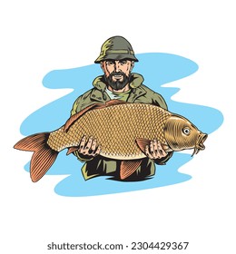 Fisherman holding the big Carp fish in his hands and standing in the water. Angler and fishing sport vector illustration