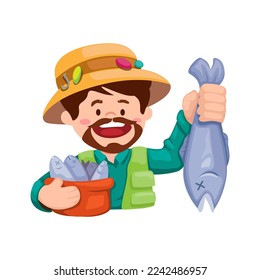 Fisherman holding big fish character symbol cartoon illustration vector