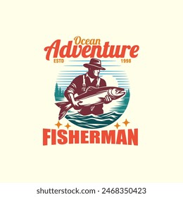 fisherman holding a big fish, fishing badge vintage logo vector illustration