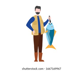 Fisherman Holding Big Fish Illustration with Cartoon Style