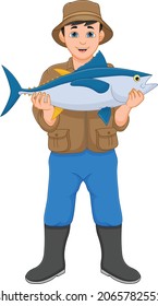 fisherman holding big fish on white background