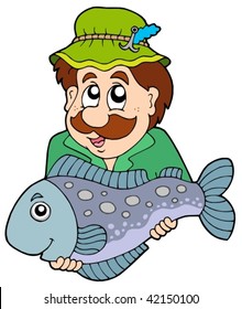 Pescador sosteniendo peces grandes - ilustración vectorial.