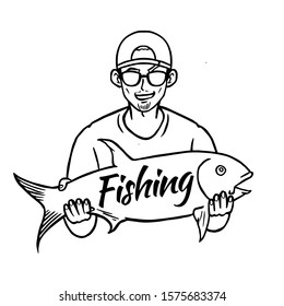 Fisherman holding big tuna fish vector illustration for fishing activity concept line art design