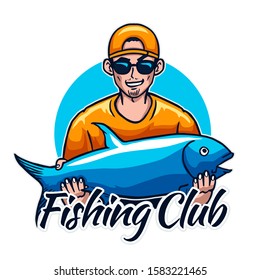 Fisherman holding big tuna fish vector illustration for fishing club activity concept esport style logo design.