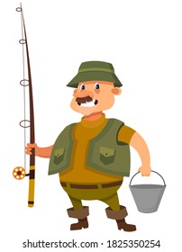 Fisherman holding bucket and fishing rod. Male character in cartoon style.