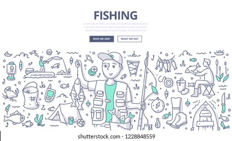 Pescador sosteniendo una caña y una vara. Concepto de doodle de pesca para banner web, imágenes de héroes y materiales de impresión