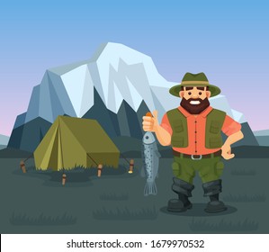 Fisherman holding caught fish in his hand vector illustration. Fishing in wild natural landscape, snowing mountains. Happy cartoon character stands outdoors in open air next to tent.