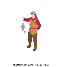 Fisherman holding caught fish isometric icon on white background 3d vector illustration