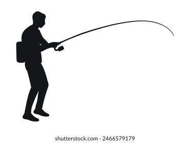 Fisherman holding a curved fishing rod, silhouette figure