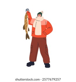 Fisherman holding fish. Happy smiling proud fisher, angler standing with trophy in hand after ice fishing in winter, showing big large pike. Flat vector illustration isolated on white background