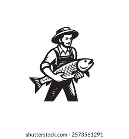 Fisherman holding a fish logo, icon, clip art EPS