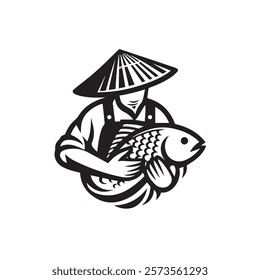 Fisherman holding a fish logo, icon, clip art EPS