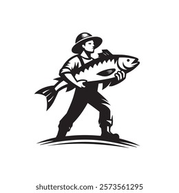 Fisherman holding a fish logo, icon, clip art EPS