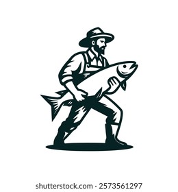 Fisherman holding a fish logo, icon, clip art EPS