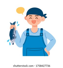 Fisherman is holding fish and smiling.