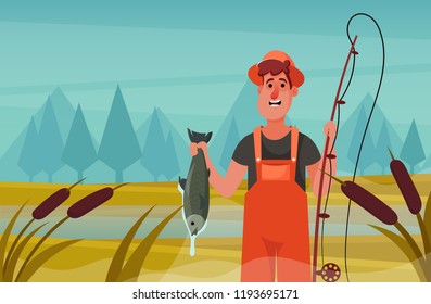 Fisherman Holding Fishing Rod. Cartoon Style. Vector Illustration