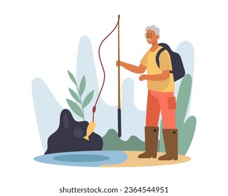 Fisherman holding fishing rod and fishing. Positive senior spending time on river. Happy old age. Concept of happy retirement. Flat vector illustration in cartoon style in blue colors