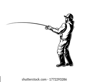 Fisherman holding fishing rod in vintage monochrome style isolated vector illustration