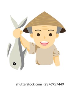 Fisherman holding grey fish wearing cap illustration png vector