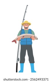 Fisherman holding a large fish with a fishing rod. Outdoor activity, fishing success, and nature adventure concept. Flat cartoon vector illustration isolated on white background