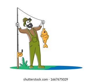 Fisherman Holding Rod Showing Fish he Caught. Fishing, Outdoor Relaxing Summertime Hobby.  Active Spending Time. Cartoon Flat Vector Illustration, Linear