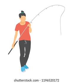 
Fisherman holding a sea bass with fishing rod 
