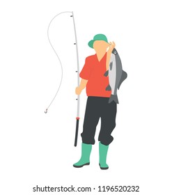 
Fisherman holding a sea bass with fishing rod 
