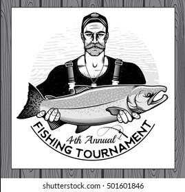 Fisherman Holding a Silver Salmon Fish. Vector Illustration.