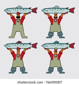 Fisherman holds a big fish set of characters