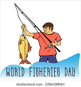 fisherman holds fishing rod with reel in his hands, spinning with large fresh fish caught. World Fishing Day. I love fishing. young man stands with fishing rod and fish on hook. Favorite sport