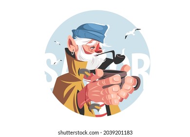 Fisherman with hot drink vector illustration. Old man in hat smoking pipe flat style. Seagulls frying around. Ageing and hobby concept. Isolated on white background