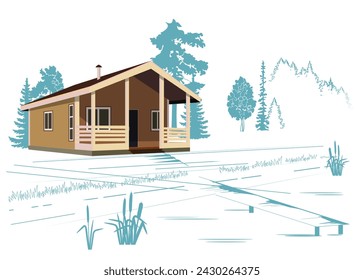 Fisherman house with landscape sketch. Vector illustration.