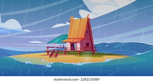 Fisherman house on island beach in sea storm vector background. Fishing bungalow in scary rain ocean cartoon landscape game scene. Wooden tropical home on stilt stand on coast near blue water.