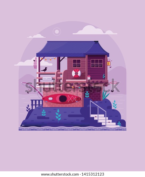 Fisherman House On Rock By Riverside Stock Vector Royalty Free