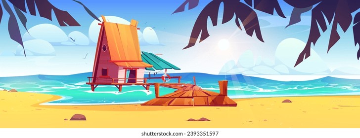 Fisherman house with pier on beach. Vector cartoon illustration of tropical island, ocean water waves washing sandy coast, exotic palm trees, wooden bridge connecting shabby bungalow hut with shore