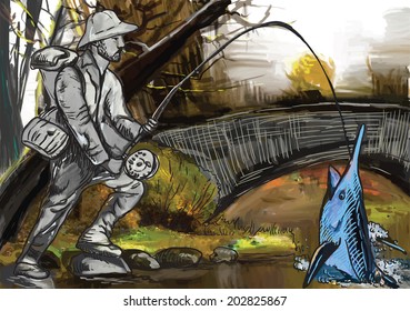 Fisherman (humorous and unrealistic scene). Hand drawn illustration, vector.