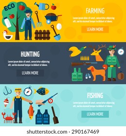 Fisherman hunter and farmer with accessories flat horizontal banner set isolated vector illustration