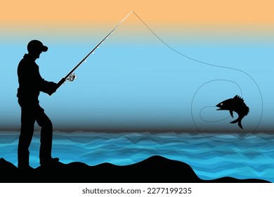 Fisherman hunting big fish set elements
