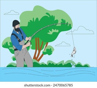 Fisherman hunting trouts in mountain river. Fisherman in boat. Vector illustration of summer sunrise landscape with river or lake and man in hat with fishing rod in boat. 2544