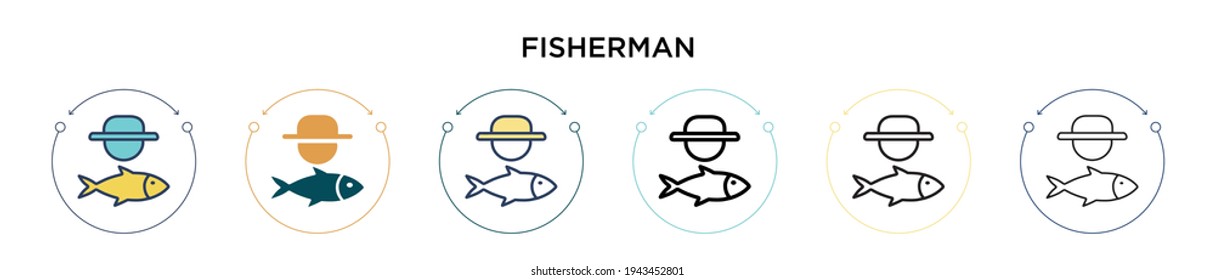 Fisherman Symbol in vollem, dünnen Linie, Umriss und Strich Stil. Vektorgrafik von zwei farbigen und schwarzen Fischerei-Vektorgrafiken-Designs kann für mobile, ui, web-basierte