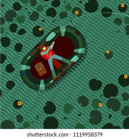 Fisherman in an inflatable boat on a lake. Man fishing in a pond. Top view vector illustration. Flat style cartoon.