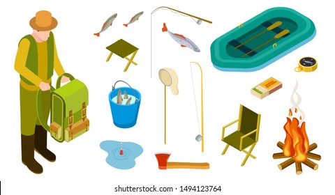 Fisherman isometric. Fishing tools vector set. Rubber boat, fire, fishing rod, landing net, bucket isolated on white background