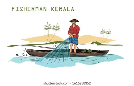 fisherman in kerala illustration vector