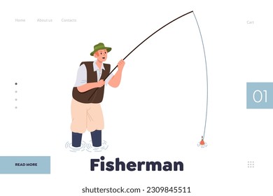 Fisherman landing page template with happy young man catching fish resting and having fun on pond
