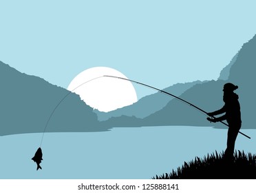 Fisherman landscape vector background