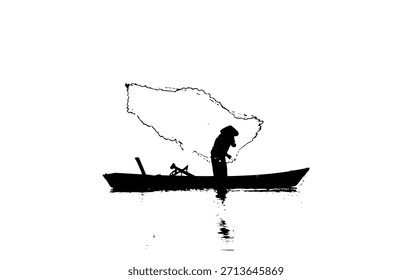 Diseño de la Ilustración vectorial del paisaje del pescador, barca, red y pescador