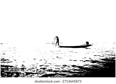 Diseño de la Ilustración vectorial del paisaje del pescador, barca y pescador