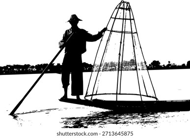 Diseño de la Ilustración vectorial del paisaje del pescador, barca, red y pescador